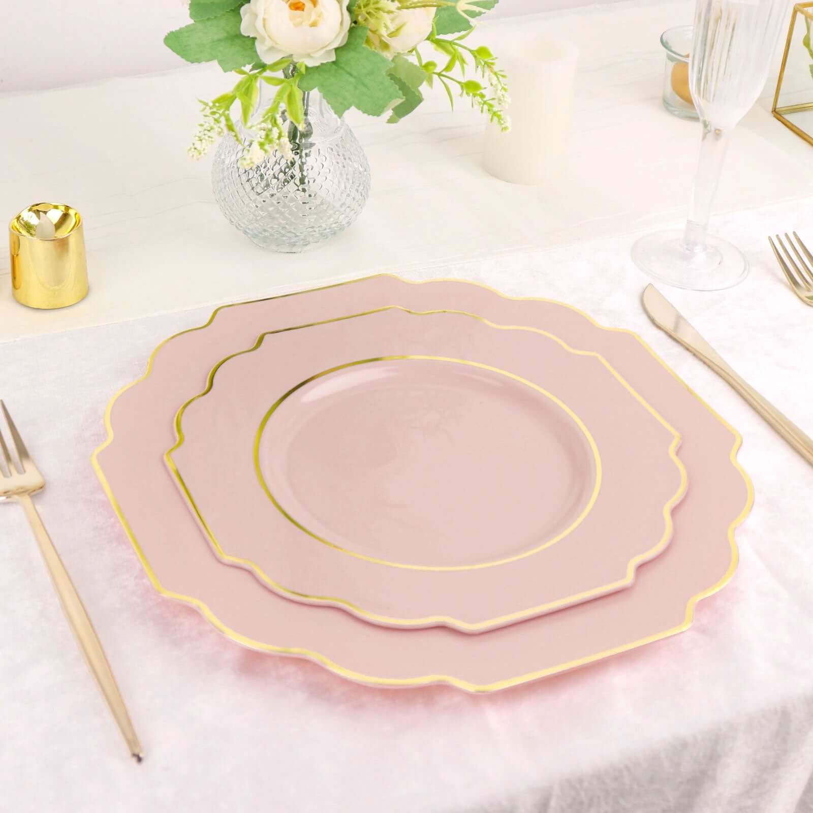 10 - Pack Plastic Dessert Appetizer Plates in Blush Baroque Design with Scalloped Gold Rim - Heavy Duty Disposable Salad Plates 8" - Bell Racket Store