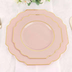 10 - Pack Plastic Dessert Appetizer Plates in Blush Baroque Design with Scalloped Gold Rim - Heavy Duty Disposable Salad Plates 8" - Bell Racket Store