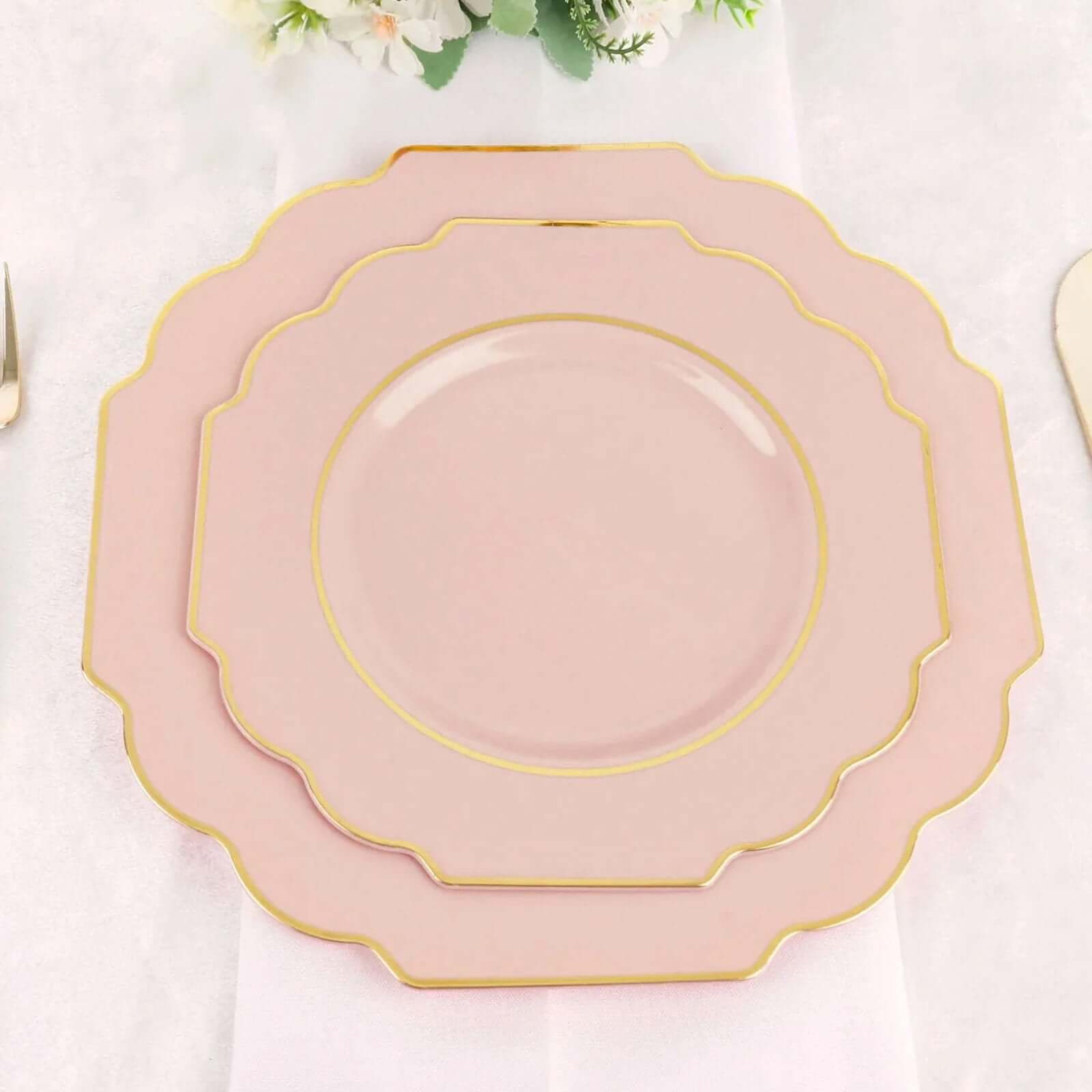 10 - Pack Plastic Dessert Appetizer Plates in Blush Baroque Design with Scalloped Gold Rim - Heavy Duty Disposable Salad Plates 8" - Bell Racket Store