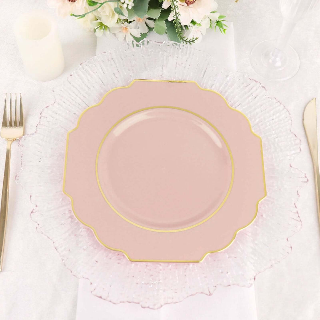 10 - Pack Plastic Dessert Appetizer Plates in Blush Baroque Design with Scalloped Gold Rim - Heavy Duty Disposable Salad Plates 8" - Bell Racket Store