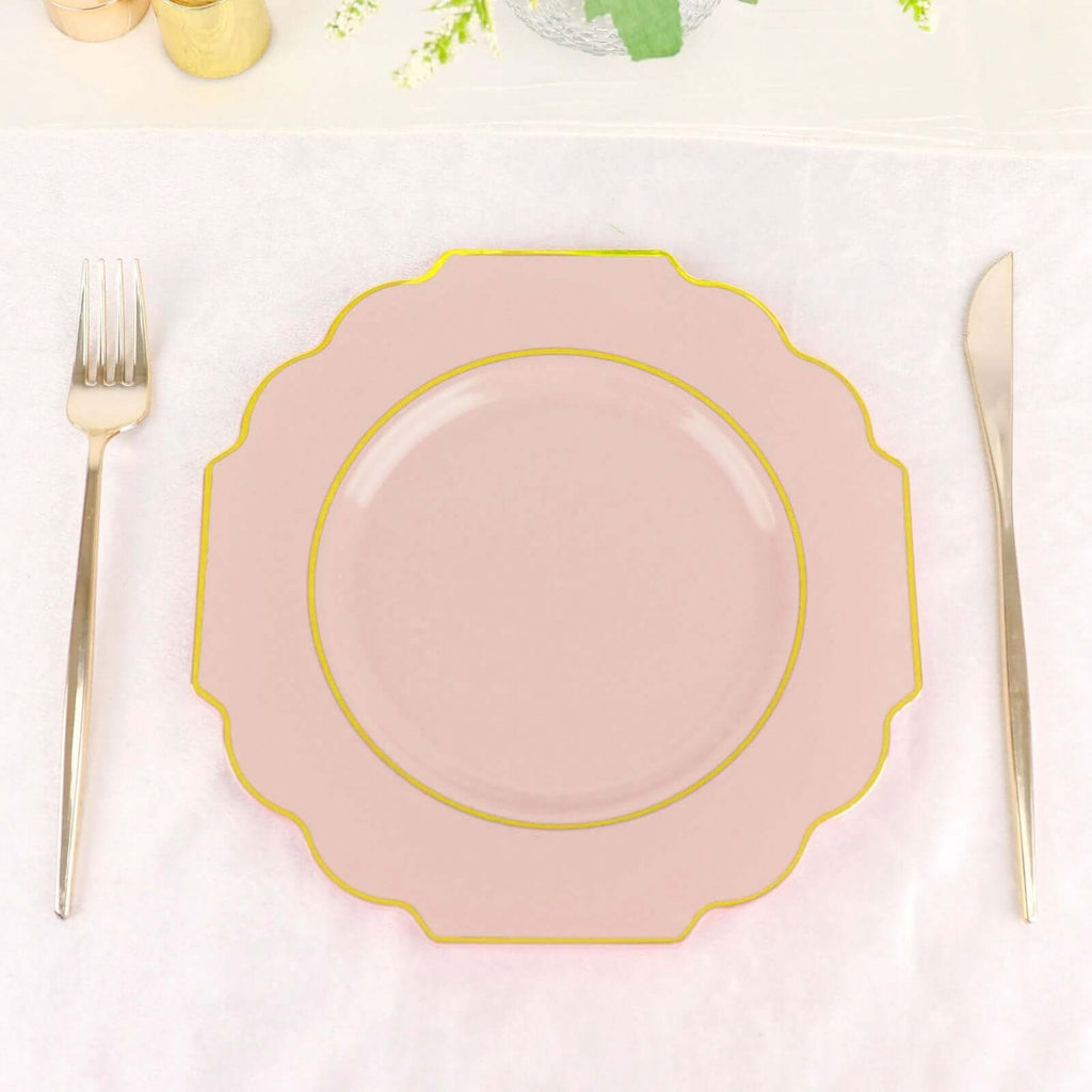 10 - Pack Plastic Dessert Appetizer Plates in Blush Baroque Design with Scalloped Gold Rim - Heavy Duty Disposable Salad Plates 8" - Bell Racket Store