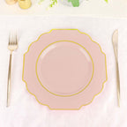 10 - Pack Plastic Dessert Appetizer Plates in Blush Baroque Design with Scalloped Gold Rim - Heavy Duty Disposable Salad Plates 8" - Bell Racket Store