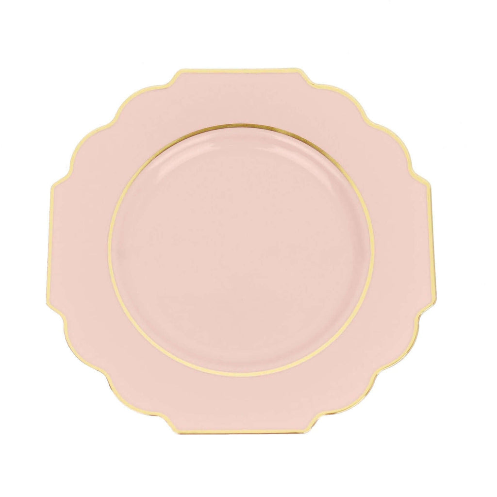 10 - Pack Plastic Dessert Appetizer Plates in Blush Baroque Design with Scalloped Gold Rim - Heavy Duty Disposable Salad Plates 8" - Bell Racket Store