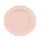 10 - Pack Plastic Dessert Appetizer Plates in Blush Baroque Design with Scalloped Gold Rim - Heavy Duty Disposable Salad Plates 8" - Bell Racket Store