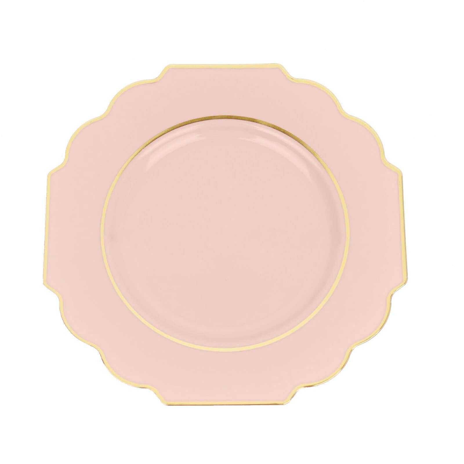 10 - Pack Plastic Dessert Appetizer Plates in Blush Baroque Design with Scalloped Gold Rim - Heavy Duty Disposable Salad Plates 8" - Bell Racket Store