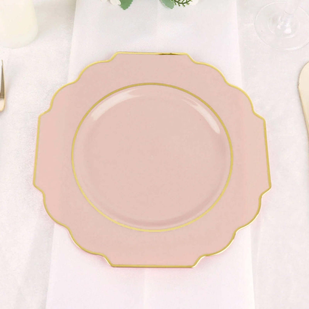 10 - Pack Plastic Dessert Appetizer Plates in Blush Baroque Design with Scalloped Gold Rim - Heavy Duty Disposable Salad Plates 8" - Bell Racket Store