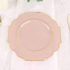 10 - Pack Plastic Dessert Appetizer Plates in Blush Baroque Design with Scalloped Gold Rim - Heavy Duty Disposable Salad Plates 8" - Bell Racket Store