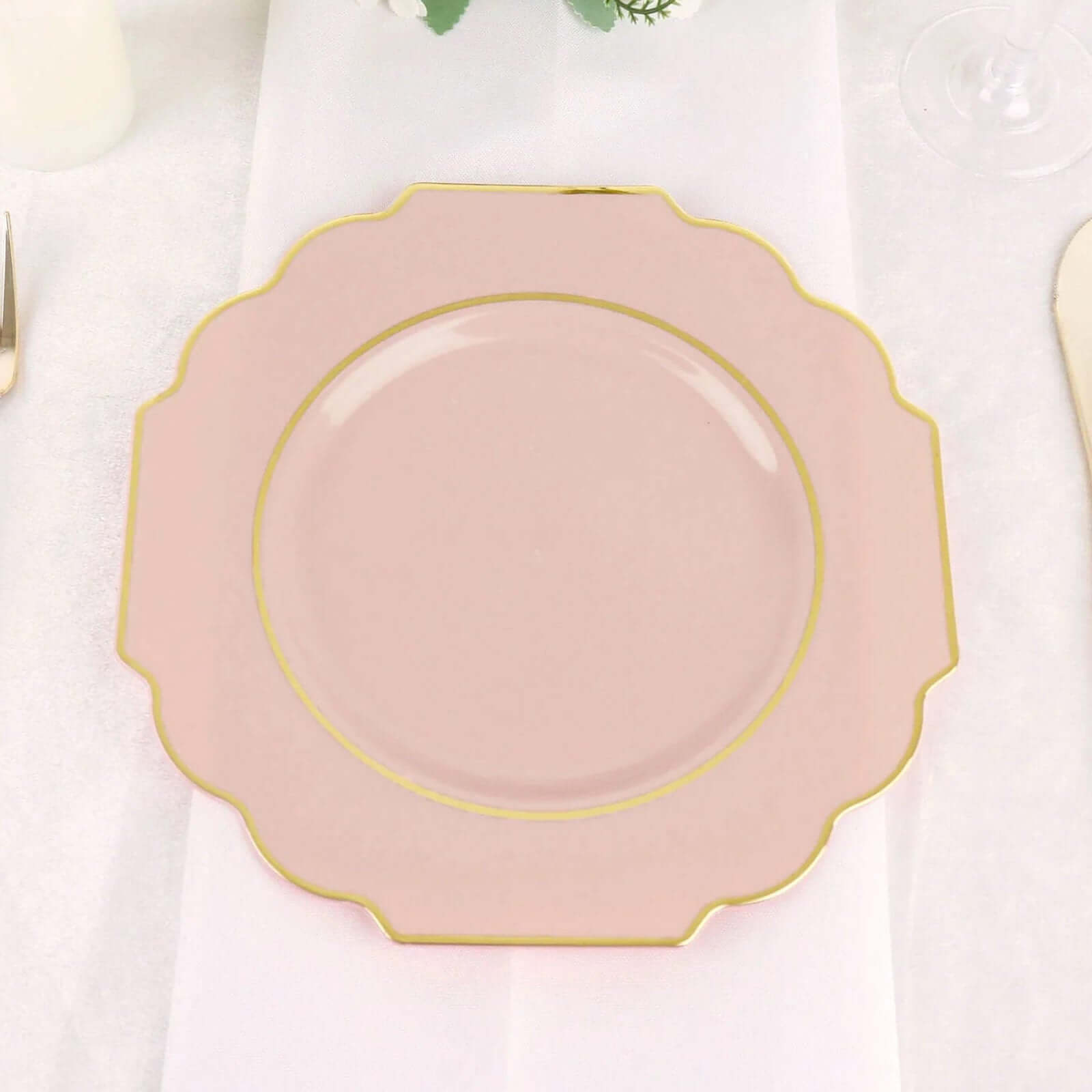 10 - Pack Plastic Dessert Appetizer Plates in Blush Baroque Design with Scalloped Gold Rim - Heavy Duty Disposable Salad Plates 8" - Bell Racket Store