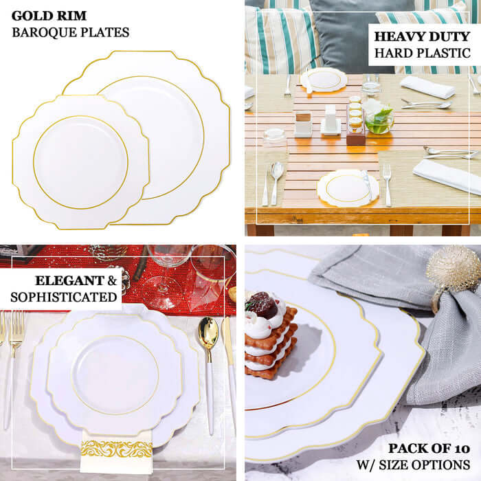 10 - Pack Plastic Dessert Appetizer Plates in Blush Baroque Design with Scalloped Gold Rim - Heavy Duty Disposable Salad Plates 8" - Bell Racket Store
