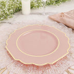10 - Pack Plastic Dessert Appetizer Plates in Blush Baroque Design with Scalloped Gold Rim - Heavy Duty Disposable Salad Plates 8" - Bell Racket Store