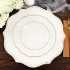 10 - Pack Plastic Dessert Appetizer Plates in Clear Baroque Design with Scalloped Gold Rim - Heavy Duty Disposable Salad Plates 8" - Bell Racket Store