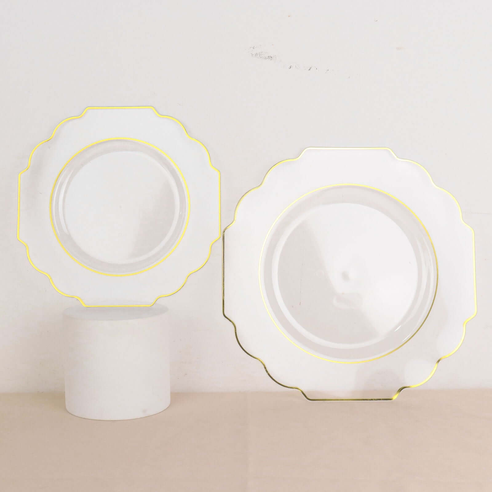 10 - Pack Plastic Dessert Appetizer Plates in Clear Baroque Design with Scalloped Gold Rim - Heavy Duty Disposable Salad Plates 8" - Bell Racket Store