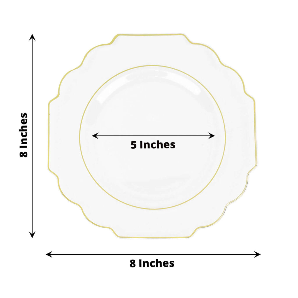 10 - Pack Plastic Dessert Appetizer Plates in Clear Baroque Design with Scalloped Gold Rim - Heavy Duty Disposable Salad Plates 8" - Bell Racket Store