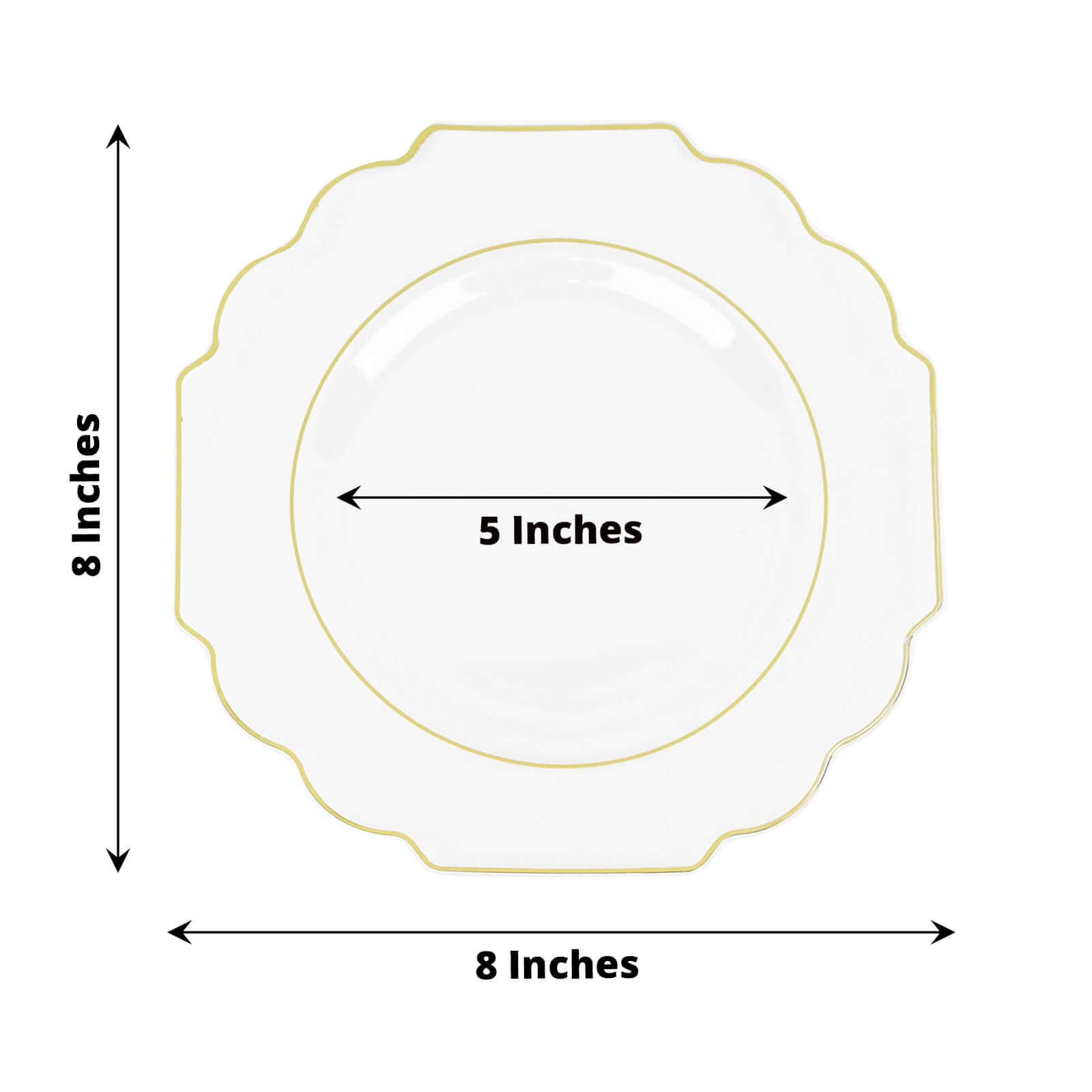 10 - Pack Plastic Dessert Appetizer Plates in Clear Baroque Design with Scalloped Gold Rim - Heavy Duty Disposable Salad Plates 8" - Bell Racket Store