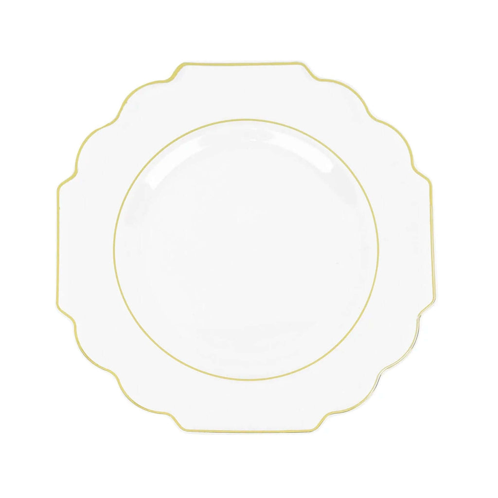 10 - Pack Plastic Dessert Appetizer Plates in Clear Baroque Design with Scalloped Gold Rim - Heavy Duty Disposable Salad Plates 8" - Bell Racket Store