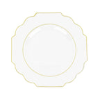 10 - Pack Plastic Dessert Appetizer Plates in Clear Baroque Design with Scalloped Gold Rim - Heavy Duty Disposable Salad Plates 8" - Bell Racket Store