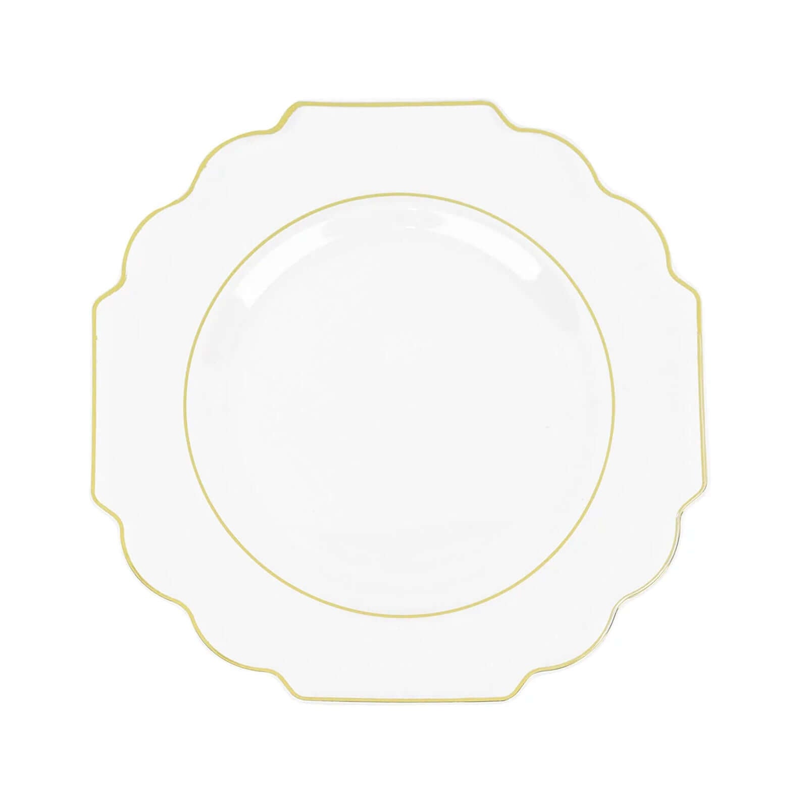 10 - Pack Plastic Dessert Appetizer Plates in Clear Baroque Design with Scalloped Gold Rim - Heavy Duty Disposable Salad Plates 8" - Bell Racket Store