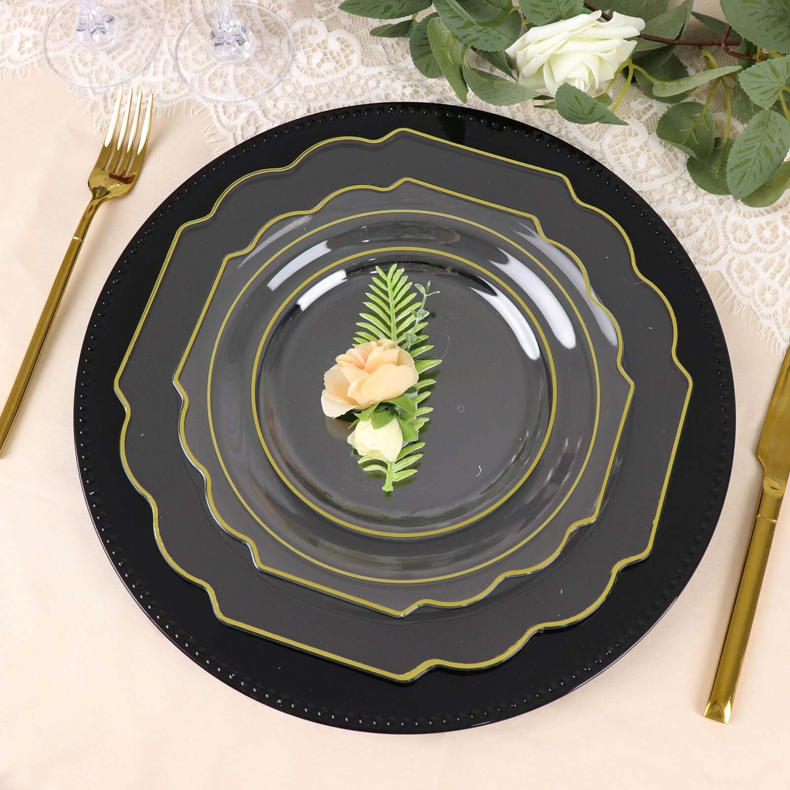 10 - Pack Plastic Dessert Appetizer Plates in Clear Baroque Design with Scalloped Gold Rim - Heavy Duty Disposable Salad Plates 8" - Bell Racket Store