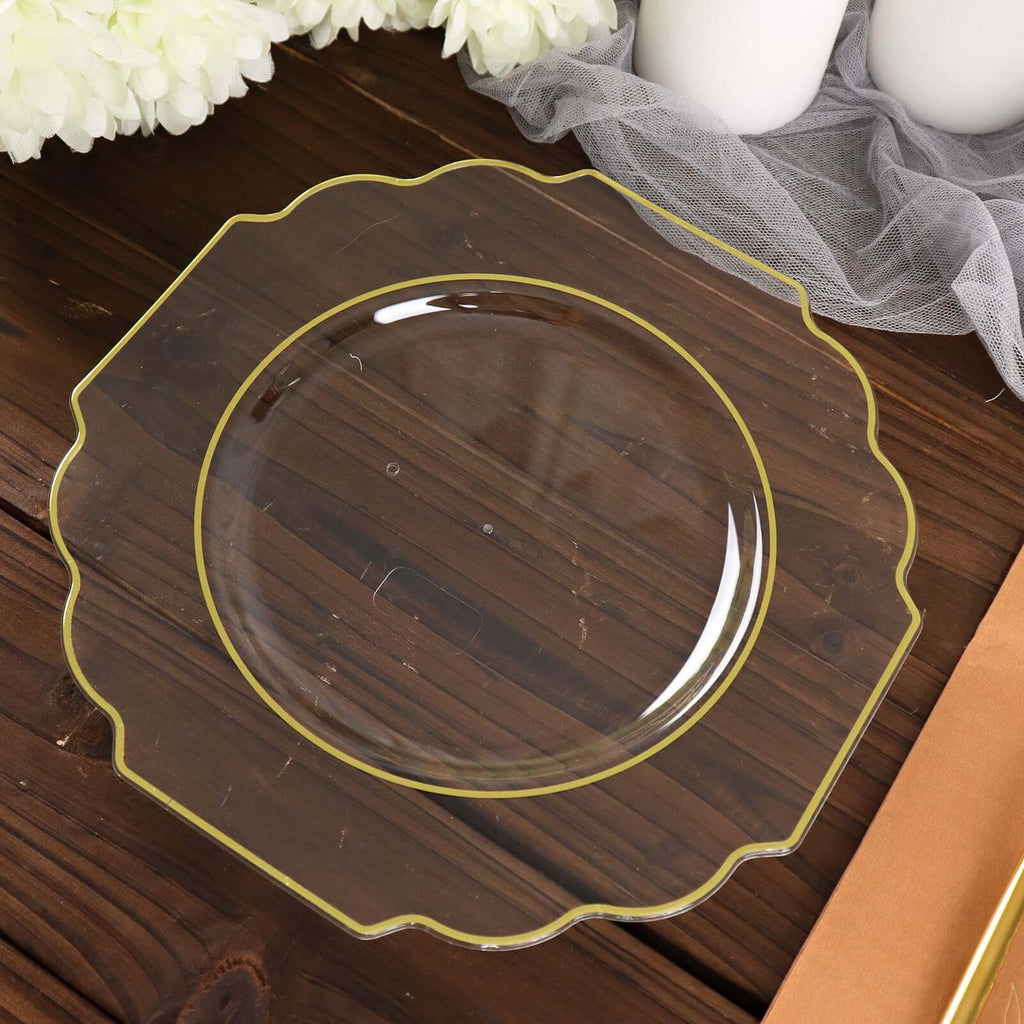 10 - Pack Plastic Dessert Appetizer Plates in Clear Baroque Design with Scalloped Gold Rim - Heavy Duty Disposable Salad Plates 8" - Bell Racket Store