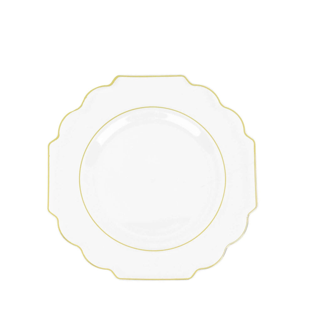 10 - Pack Plastic Dessert Appetizer Plates in Clear Baroque Design with Scalloped Gold Rim - Heavy Duty Disposable Salad Plates 8" - Bell Racket Store