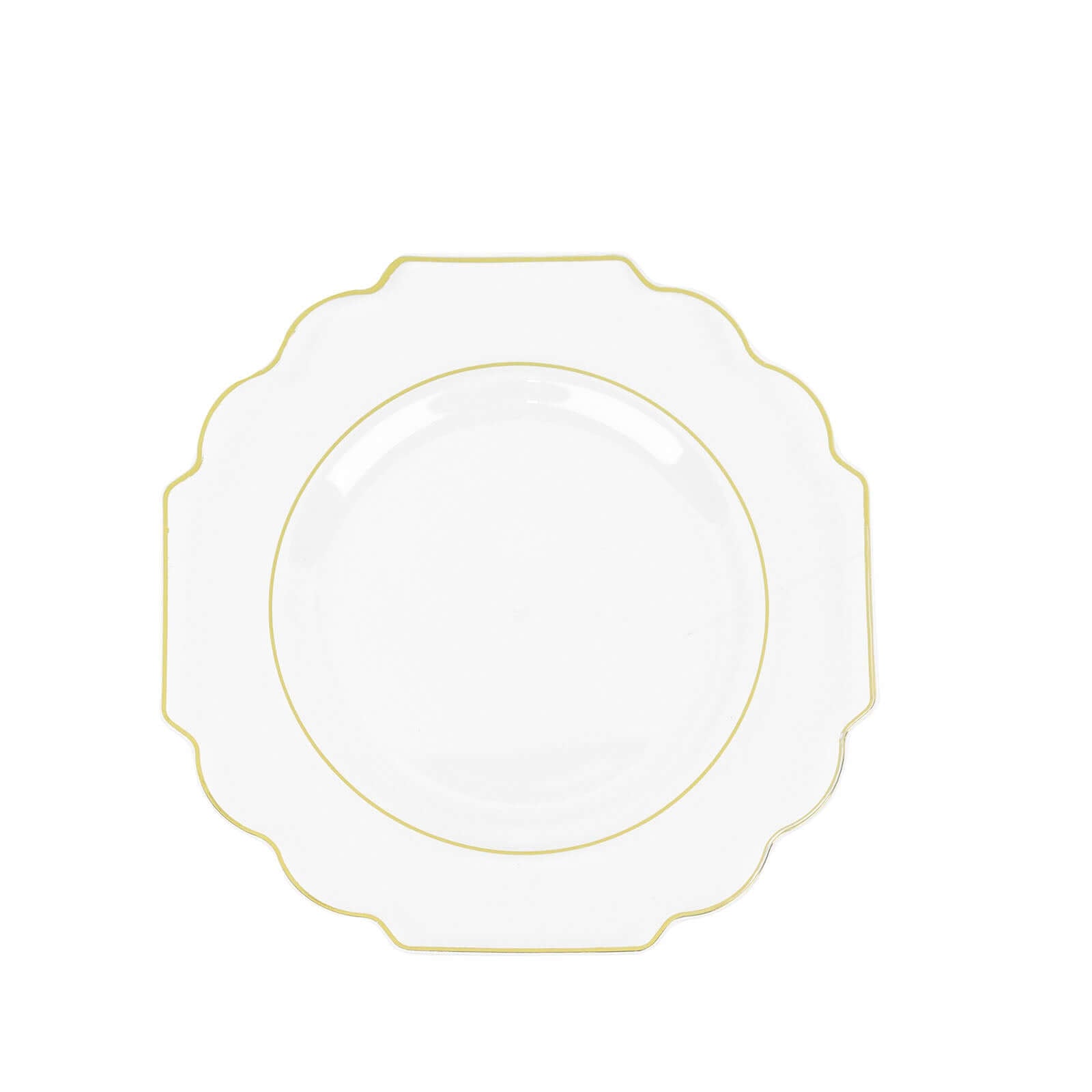 10 - Pack Plastic Dessert Appetizer Plates in Clear Baroque Design with Scalloped Gold Rim - Heavy Duty Disposable Salad Plates 8" - Bell Racket Store