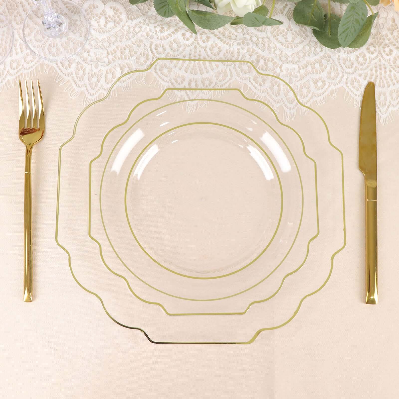 10 - Pack Plastic Dessert Appetizer Plates in Clear Baroque Design with Scalloped Gold Rim - Heavy Duty Disposable Salad Plates 8" - Bell Racket Store