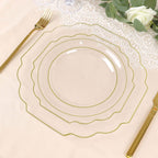 10 - Pack Plastic Dessert Appetizer Plates in Clear Baroque Design with Scalloped Gold Rim - Heavy Duty Disposable Salad Plates 8" - Bell Racket Store