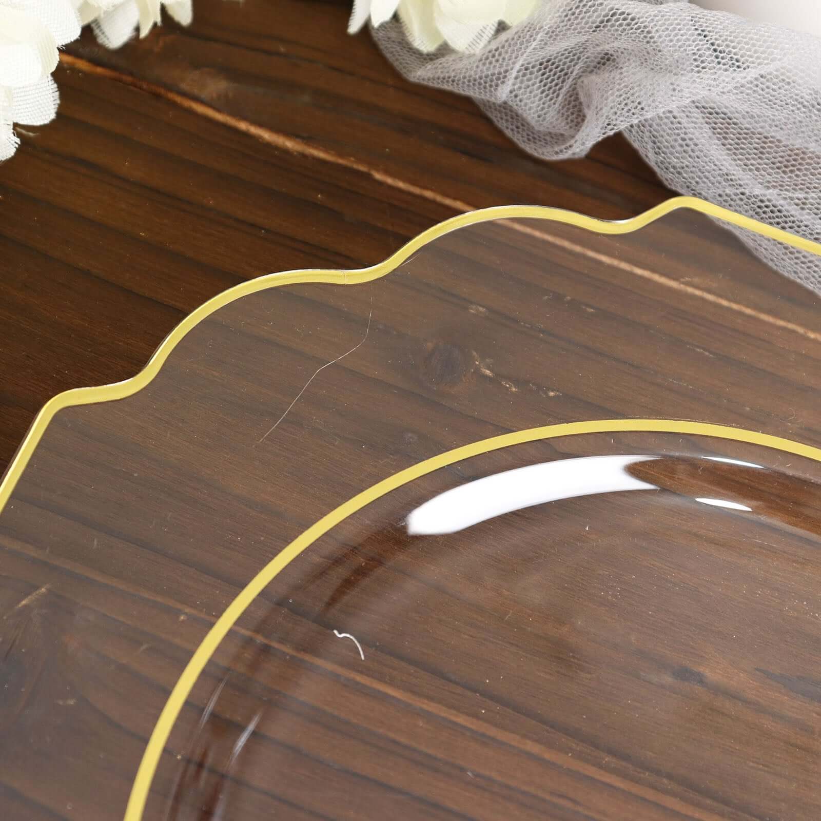 10 - Pack Plastic Dessert Appetizer Plates in Clear Baroque Design with Scalloped Gold Rim - Heavy Duty Disposable Salad Plates 8" - Bell Racket Store