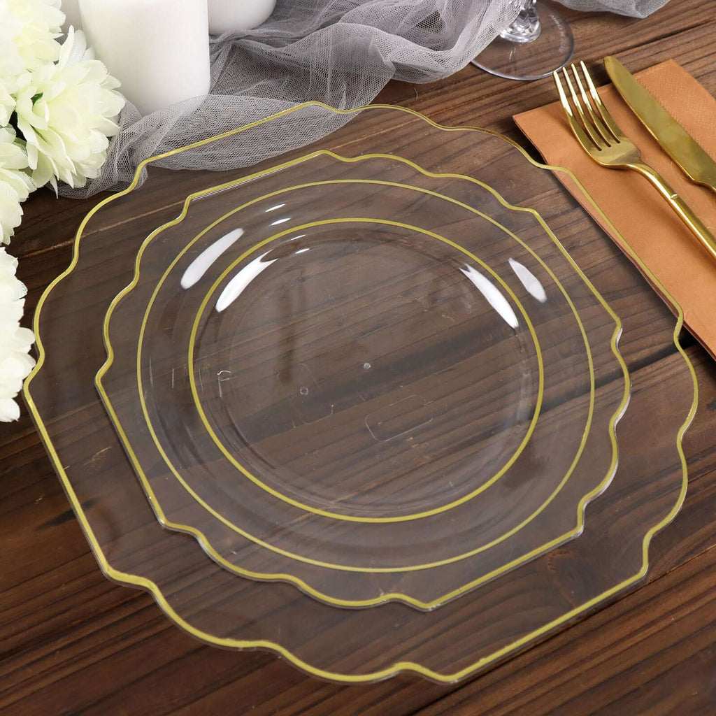 10 - Pack Plastic Dessert Appetizer Plates in Clear Baroque Design with Scalloped Gold Rim - Heavy Duty Disposable Salad Plates 8" - Bell Racket Store