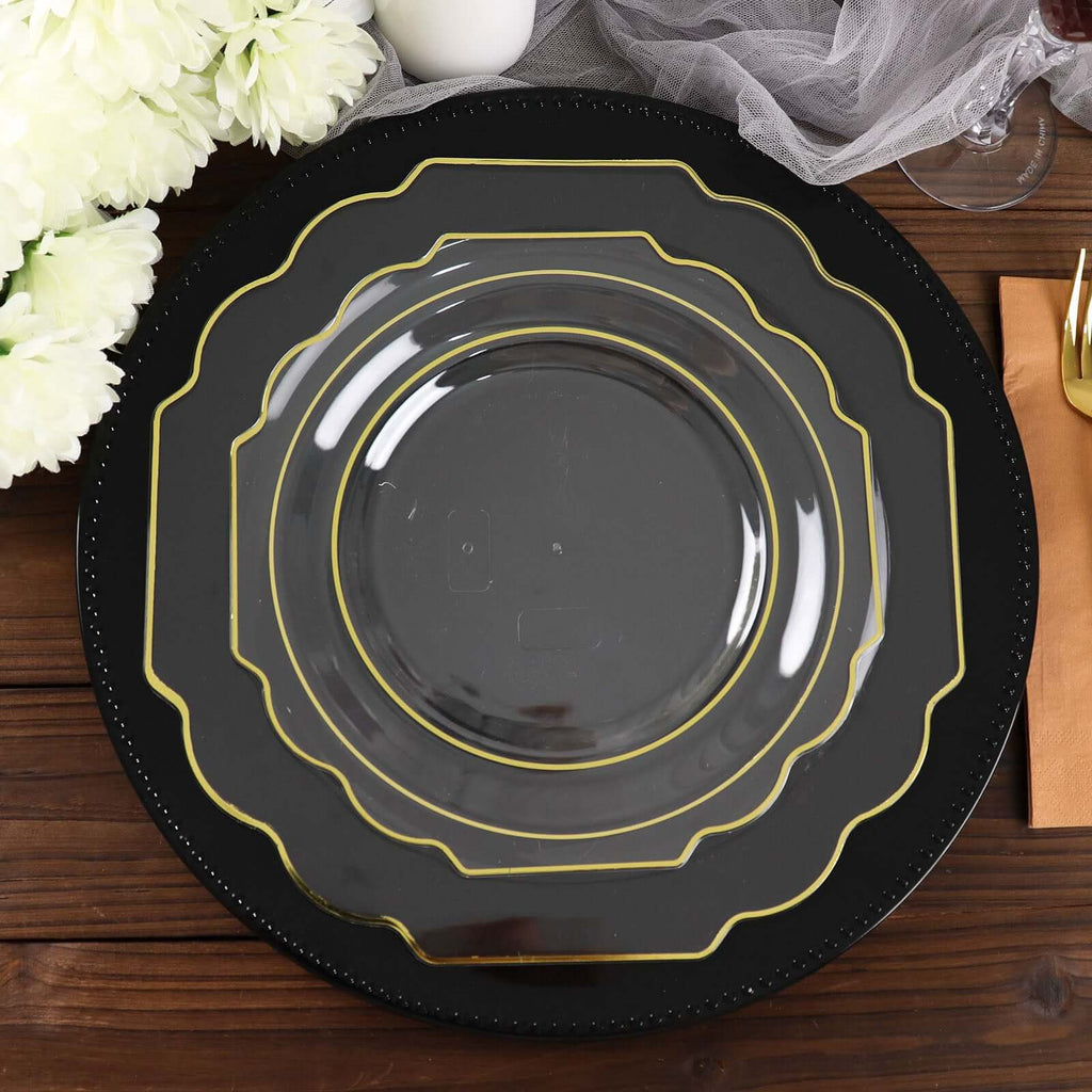 10 - Pack Plastic Dessert Appetizer Plates in Clear Baroque Design with Scalloped Gold Rim - Heavy Duty Disposable Salad Plates 8" - Bell Racket Store