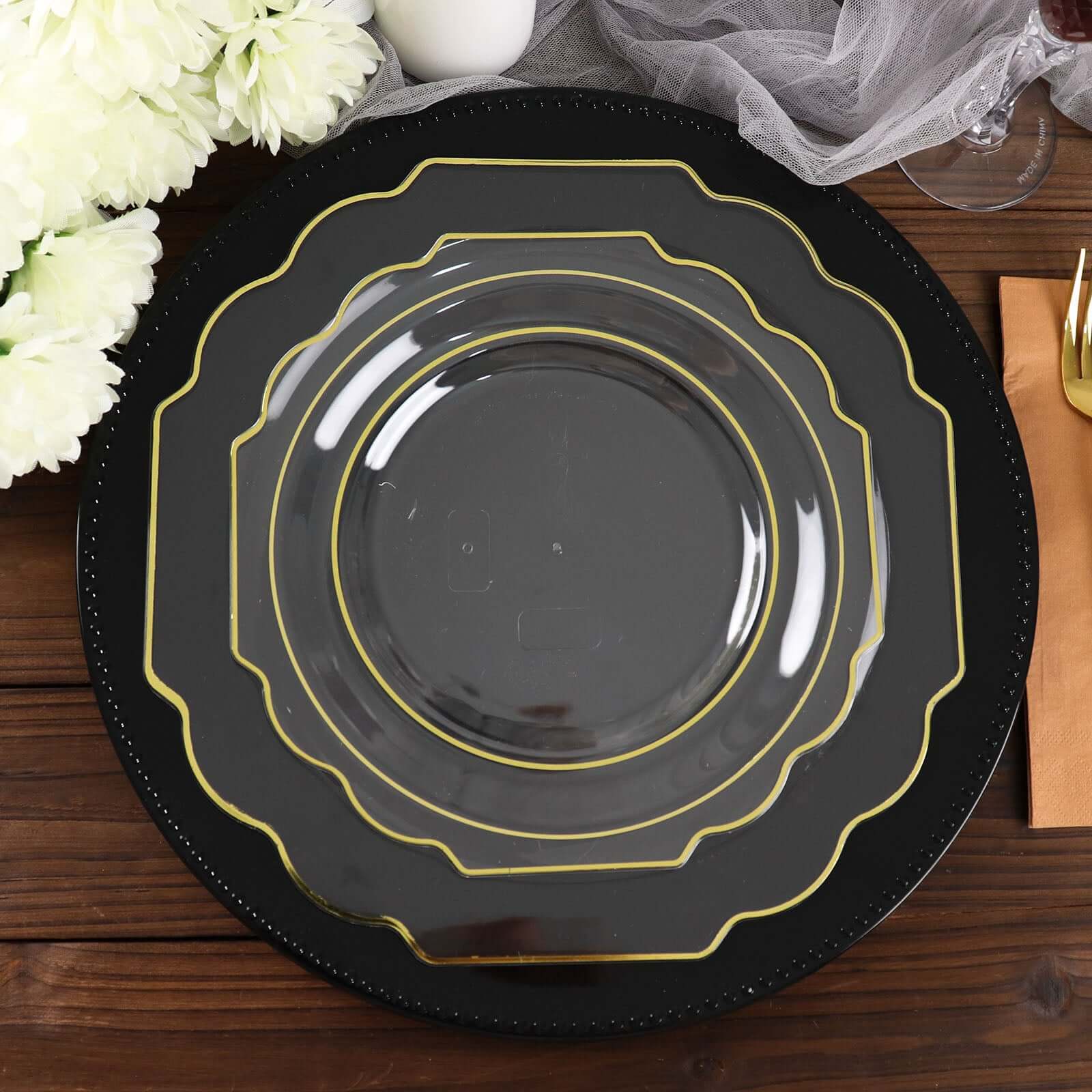 10 - Pack Plastic Dessert Appetizer Plates in Clear Baroque Design with Scalloped Gold Rim - Heavy Duty Disposable Salad Plates 8" - Bell Racket Store