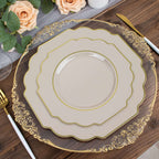 10 - Pack Plastic Dessert Appetizer Plates in Taupe Baroque Design with Scalloped Gold Rim - Heavy Duty Disposable Salad Plates 8" - Bell Racket Store
