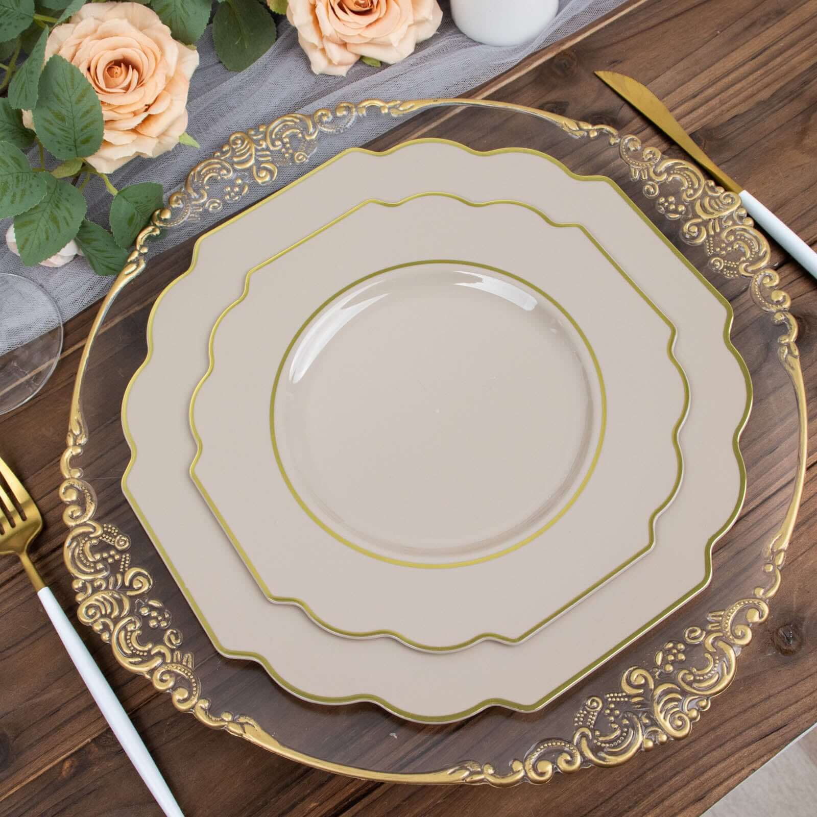 10 - Pack Plastic Dessert Appetizer Plates in Taupe Baroque Design with Scalloped Gold Rim - Heavy Duty Disposable Salad Plates 8" - Bell Racket Store