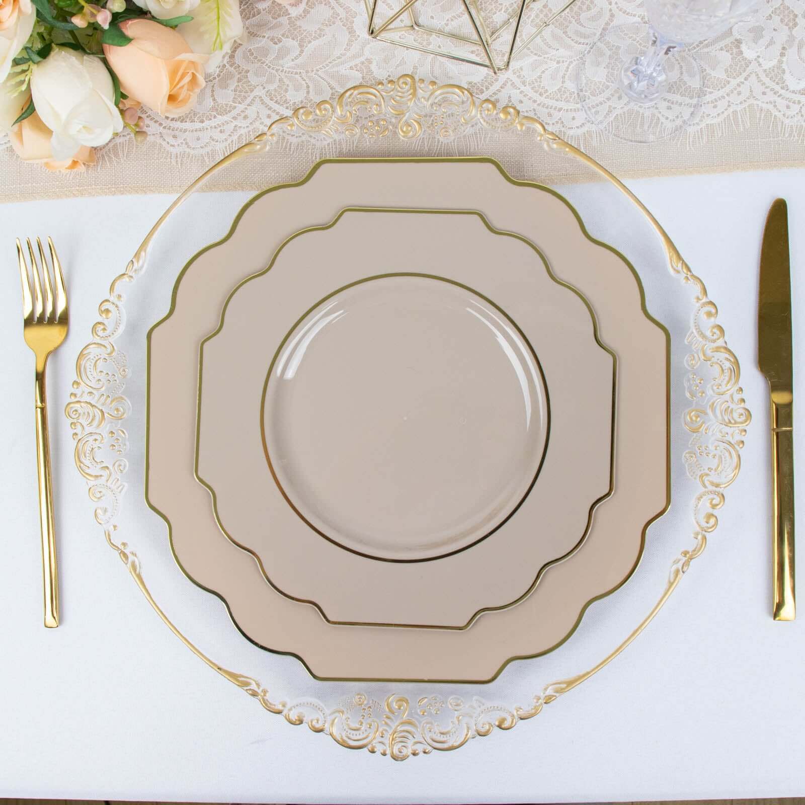 10 - Pack Plastic Dessert Appetizer Plates in Taupe Baroque Design with Scalloped Gold Rim - Heavy Duty Disposable Salad Plates 8" - Bell Racket Store
