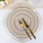 10 - Pack Plastic Dessert Appetizer Plates in Taupe Baroque Design with Scalloped Gold Rim - Heavy Duty Disposable Salad Plates 8" - Bell Racket Store