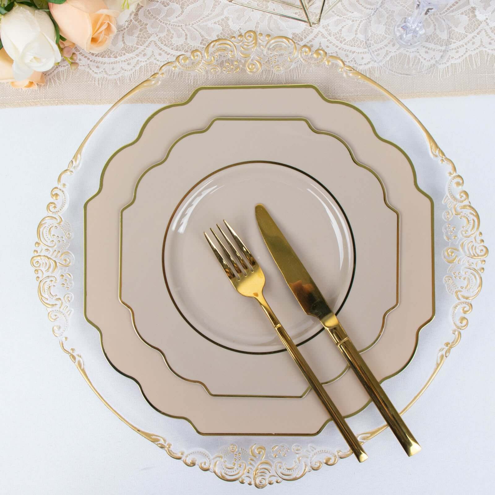 10 - Pack Plastic Dessert Appetizer Plates in Taupe Baroque Design with Scalloped Gold Rim - Heavy Duty Disposable Salad Plates 8" - Bell Racket Store