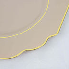 10 - Pack Plastic Dessert Appetizer Plates in Taupe Baroque Design with Scalloped Gold Rim - Heavy Duty Disposable Salad Plates 8" - Bell Racket Store