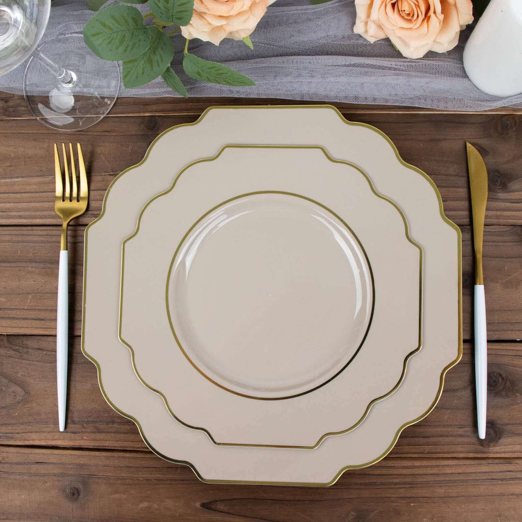 10 - Pack Plastic Dessert Appetizer Plates in Taupe Baroque Design with Scalloped Gold Rim - Heavy Duty Disposable Salad Plates 8" - Bell Racket Store