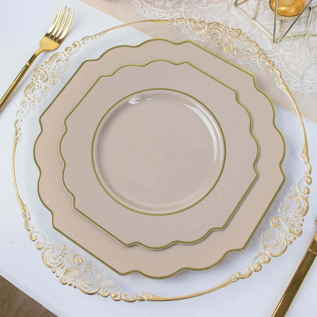 10 - Pack Plastic Dessert Appetizer Plates in Taupe Baroque Design with Scalloped Gold Rim - Heavy Duty Disposable Salad Plates 8" - Bell Racket Store