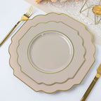 10 - Pack Plastic Dessert Appetizer Plates in Taupe Baroque Design with Scalloped Gold Rim - Heavy Duty Disposable Salad Plates 8" - Bell Racket Store
