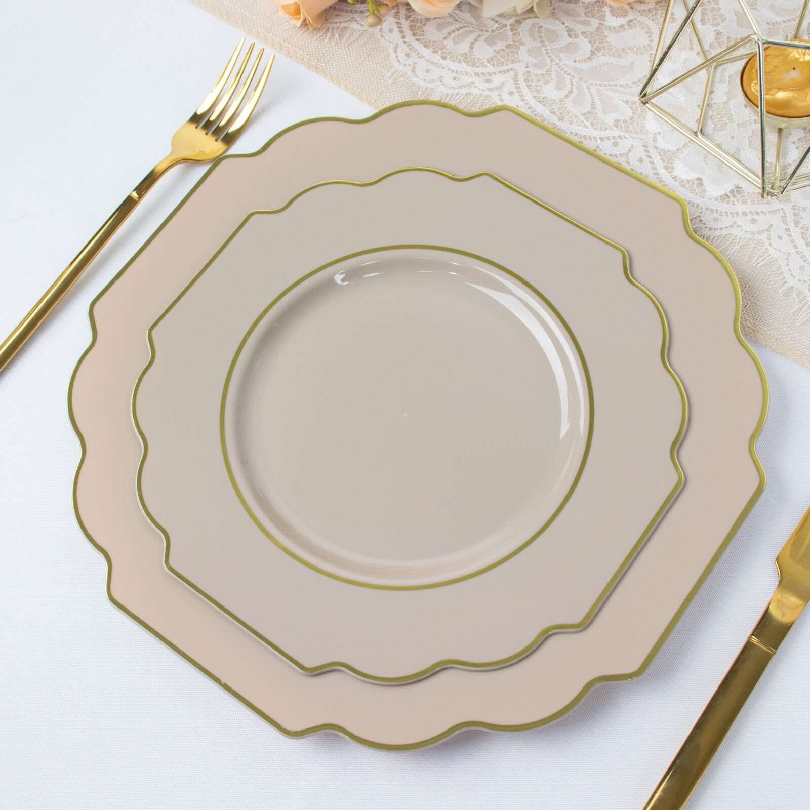 10 - Pack Plastic Dessert Appetizer Plates in Taupe Baroque Design with Scalloped Gold Rim - Heavy Duty Disposable Salad Plates 8" - Bell Racket Store