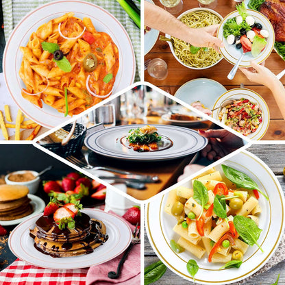 10 - Pack Plastic Dessert Plates Ivory with TrÃ¨s Chic Gold Rim - Disposable Appetizer Plates for Parties 6" - NestOCart