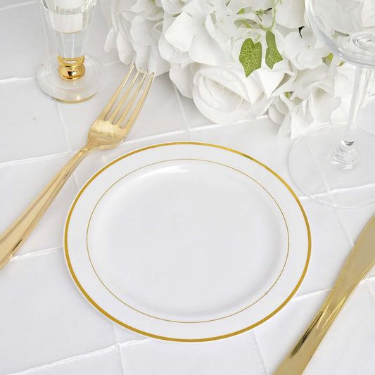 10 - Pack Plastic Dessert Plates White with TrÃ¨s Chic Gold Rim - Disposable Plates for Appetizers 6" - NestOCart
