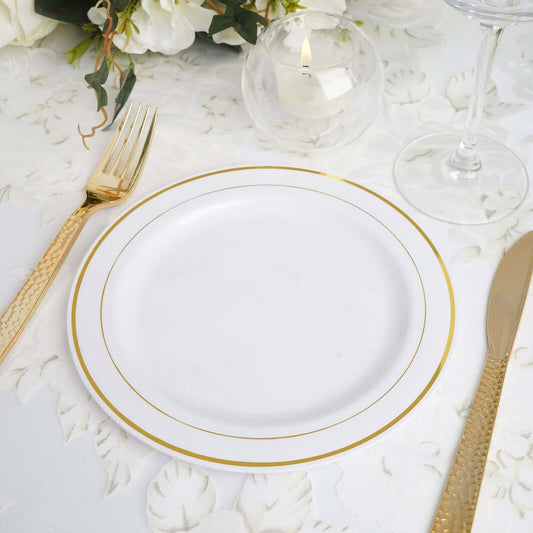 10 - Pack Plastic Dessert Plates White with TrÃ¨s Chic Gold Rim - Disposable Plates for Parties 8" - NestOCart