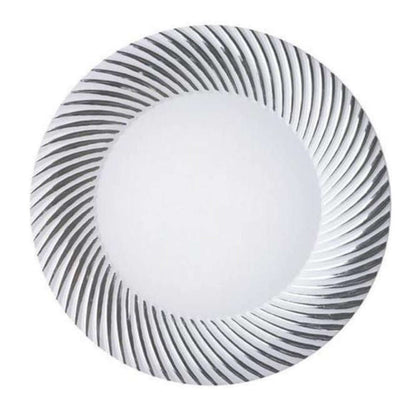 10 - Pack Plastic Dessert Plates White/Silver Swirl Rim - Disposable Plates for Appetizers 6" - NestOCart
