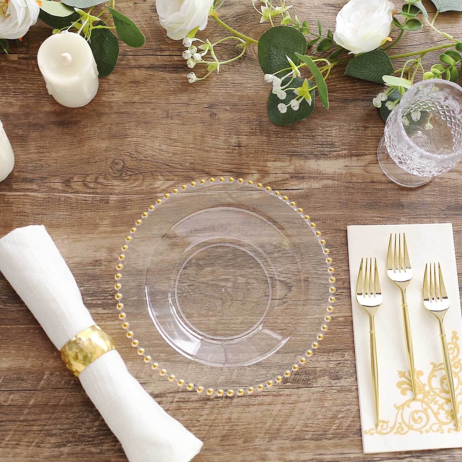 10 - Pack Plastic Dessert Salad Bowls Clear Round Design with Gold Beaded Rim - Disposable Soup Bowls 12oz - Bell Racket Store