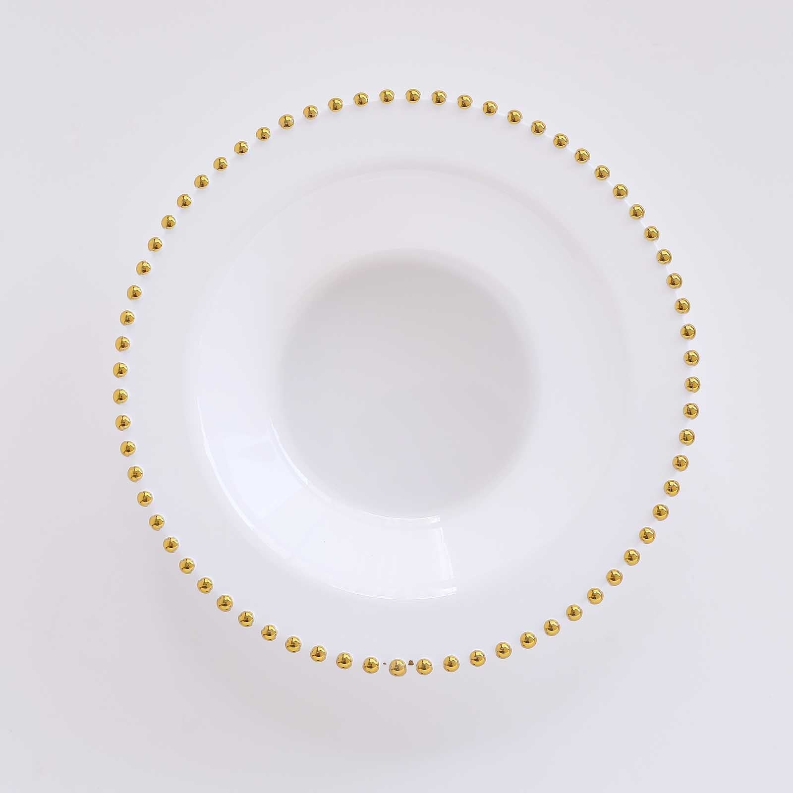 10 - Pack Plastic Dessert Salad Bowls White Round Design with Gold Beaded Rim - Disposable Soup Bowls 12oz - Bell Racket Store