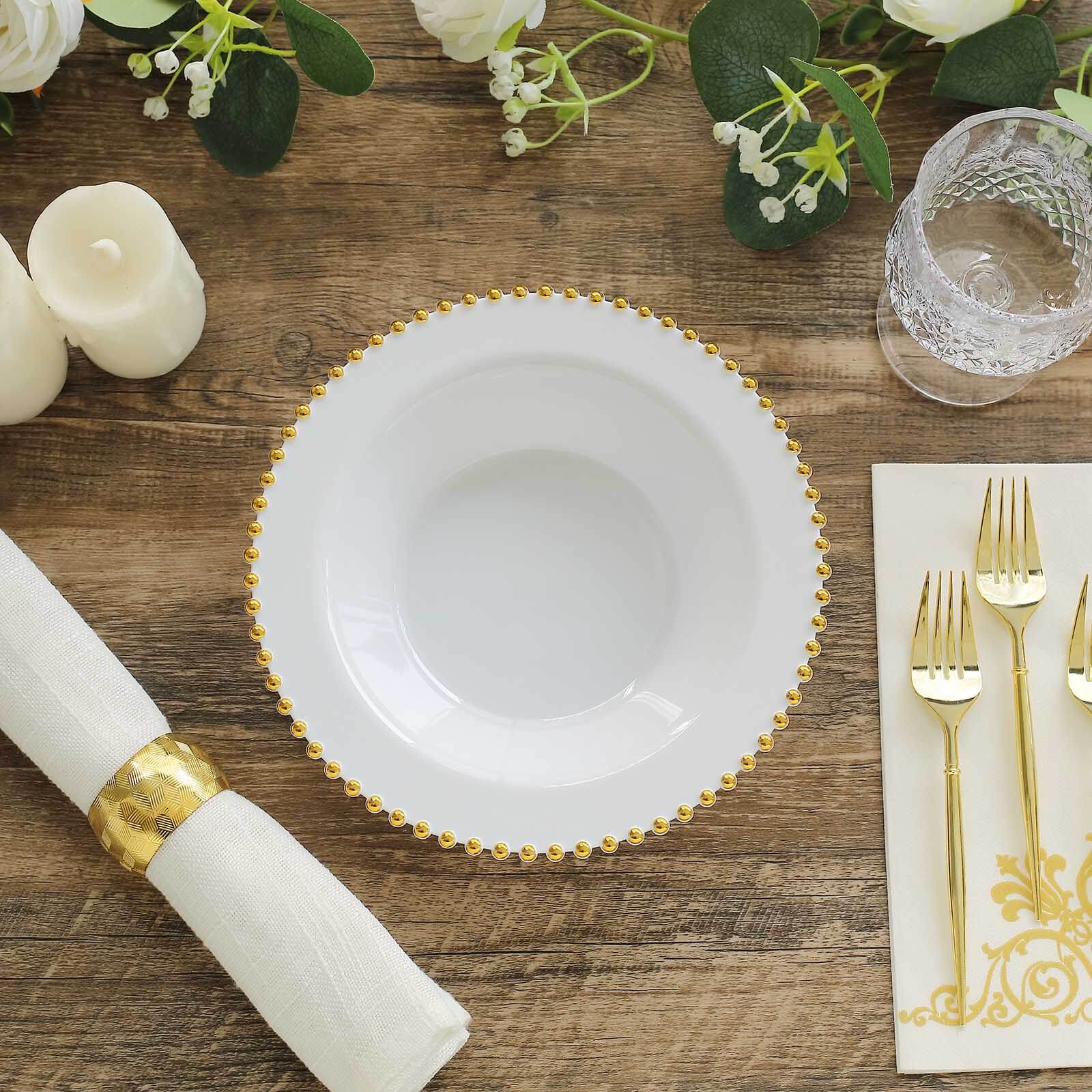 10 - Pack Plastic Dessert Salad Bowls White Round Design with Gold Beaded Rim - Disposable Soup Bowls 12oz - Bell Racket Store