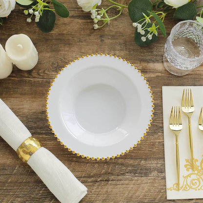 10 - Pack Plastic Dessert Salad Bowls White Round Design with Gold Beaded Rim - Disposable Soup Bowls 12oz - Bell Racket Store