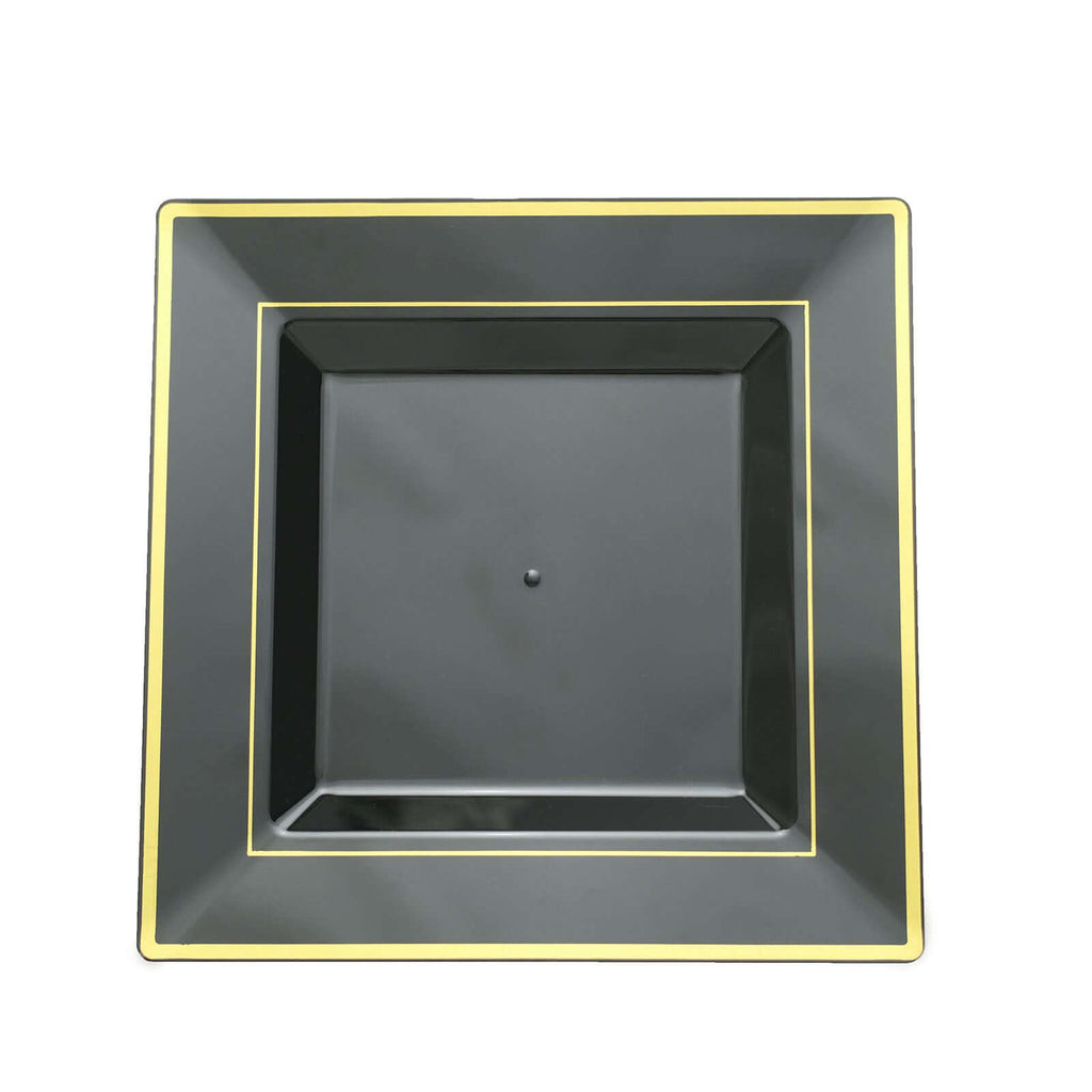 10 - Pack Plastic Dinner Plates Black Square with Gold Trim - Lightweight Disposable Plates for Events 10" - Bell Racket Store